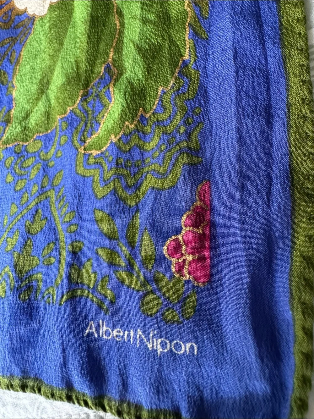 Vintage Albert Nipon Blue Floral Silk Scarf with Pink and Green Accents